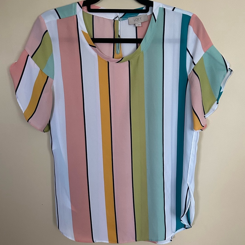 LOFT Pink and Blue Cuffed Sleeve Blouse